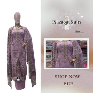 ✨ Nazaqat Suits – Unstitched Mauve Crêpe Fabric Suit with Ari Embroidery, Crêpe Bottom & Pure Chinon Digital Print Dupatta
