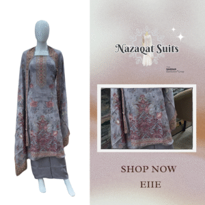 ✨ Nazaqat Suits – Unstitched Elegant soft grey with subtle detailing Crêpe Fabric Suit with Ari Embroidery, Crêpe Bottom & Pure Chinon Digital Print Dupatta