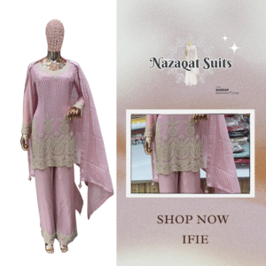 ✨ Nazaqat Suits – Mustard Soft pastel pink Tissue Organza Suit with Mirror Work, Heavy Sequin Plazo & Organza Dupatta
