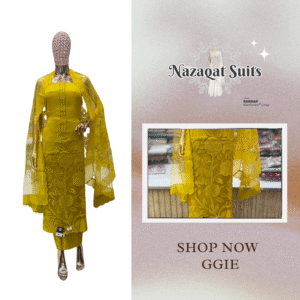 ✨ Nazaqat Suits – Unstitched Fuchsia Mustard yellow Organza Fabric Suit with Net-Cut Organza Dupatta & Opera Silk Bottom