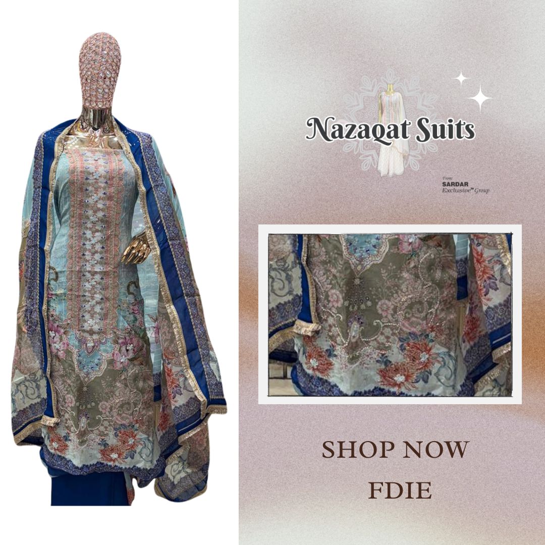 ✨ Nazaqat Suits – Fdie – Organza Suit with Ari Thread Work Embroidery & Opera Silk Bottom