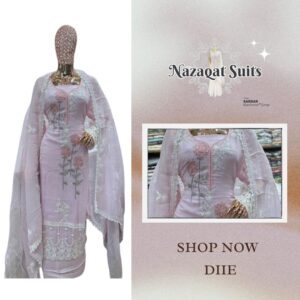 ✨ Nazaqat Suits – Diie – Organza Suit with Thread Work Embroidery and Organza Dupatta