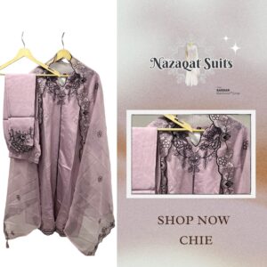 ✨ Nazaqat Suits – Chie – Ready-to-Wear Muslin Suit with Hand Embroidery & Organza Dupatta