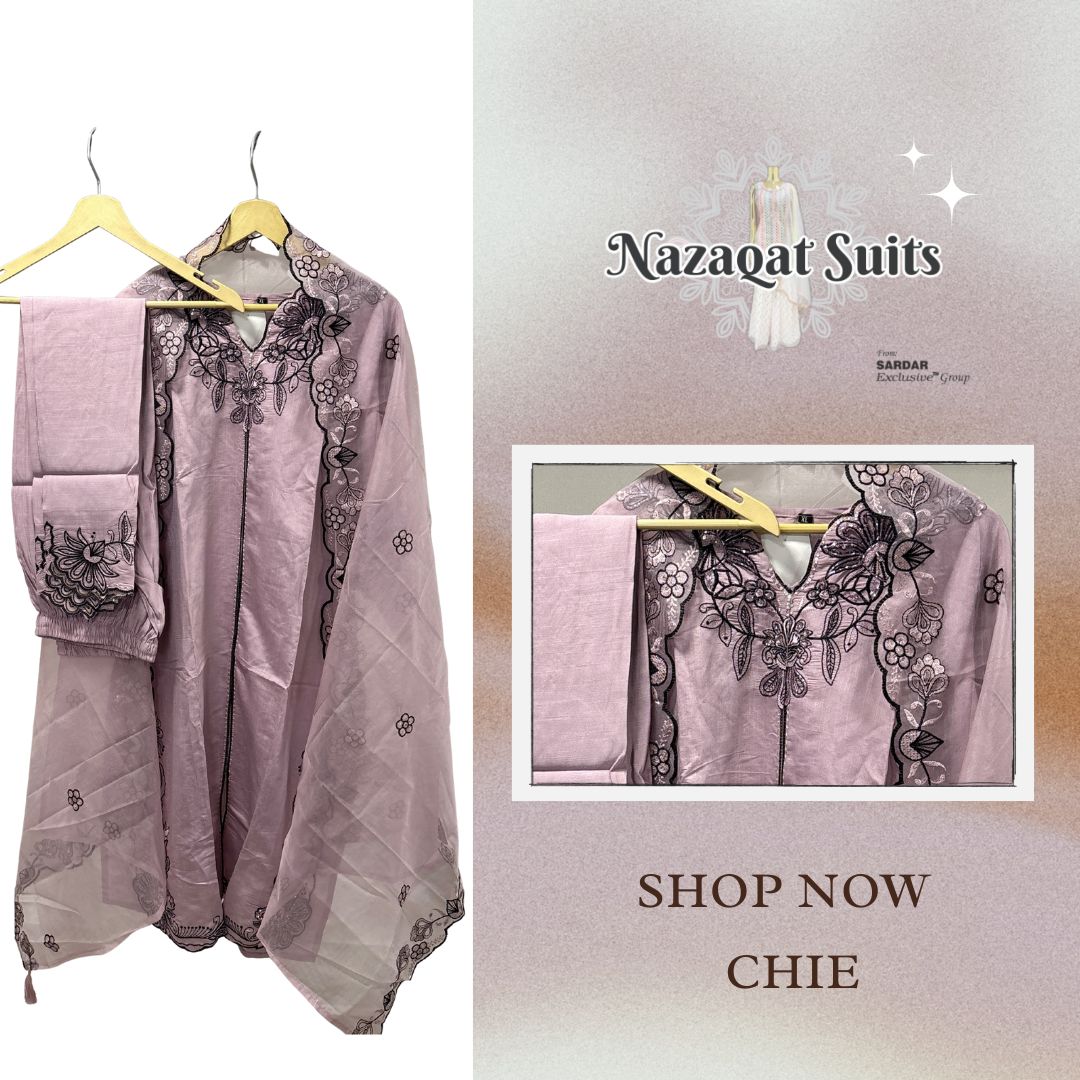 ✨ Nazaqat Suits – Chie – Ready-to-Wear Muslin Suit with Hand Embroidery & Organza Dupatta