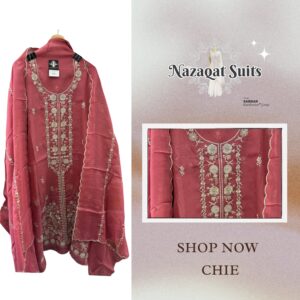 ✨ Nazaqat Suits –   Organza Tila Embroidery Suit with Cutwork Dupatta & Muslin Bottom – Nazaqat Suits