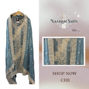 Tabby Silk Threadwork Suit with Pure Chiffon Dupatta & Muslin Bottom – Nazaqat Suits