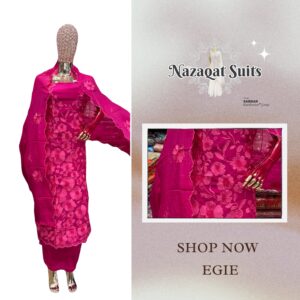 Masleen Silk Threadwork Suit with Muslin Silk Dupatta & Opada Silk Bottom – Nazaqat Suits