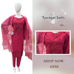 Red Color Pakistani Lawn Suit with Patchwork Cutwork Embroidery & Printed Organza Dupatta – Lawn Cotton Bottom