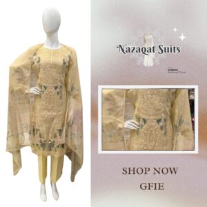 Yellow Color Pakistani Lawn Suit with Patchwork Cutwork Embroidery & Printed Organza Dupatta – Lawn Cotton Bottom