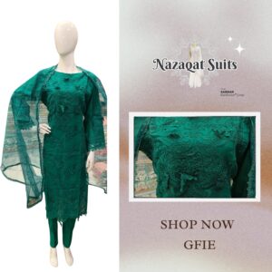 Green Color Pakistani Lawn Suit with Patchwork Cutwork Embroidery & Printed Organza Dupatta – Lawn Cotton Bottom