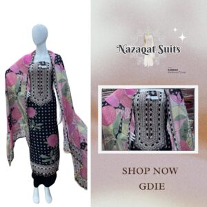 Black Digital Printed Crêpe Suit with Highlight Hand Embroidery & Pure Chinnon Dupatta – Pure Crêpe Bottom