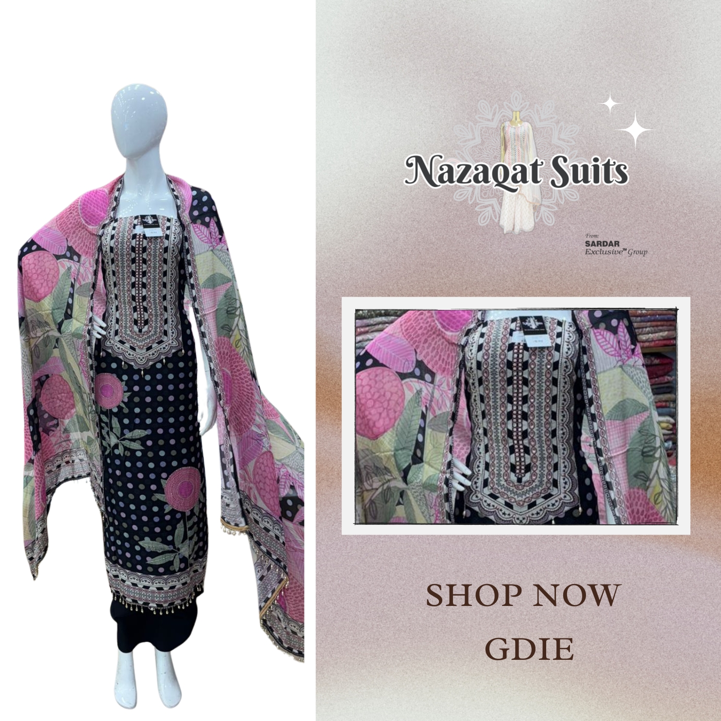 Black Digital Printed Crêpe Suit with Highlight Hand Embroidery & Pure Chinnon Dupatta – Pure Crêpe Bottom