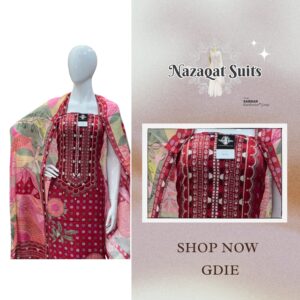 Red Digital Printed Crêpe Suit with Highlight Hand Embroidery & Pure Chinnon Dupatta – Pure Crêpe Bottom