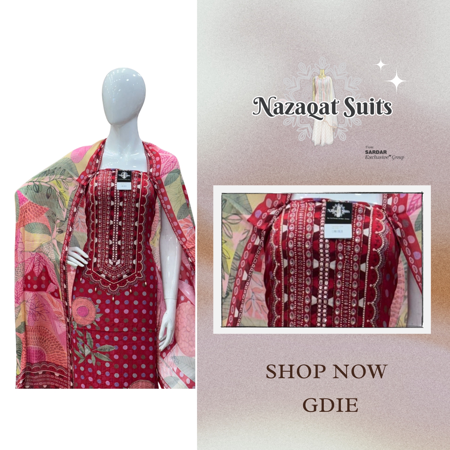 Red Digital Printed Crêpe Suit with Highlight Hand Embroidery & Pure Chinnon Dupatta – Pure Crêpe Bottom