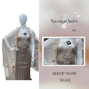 Glass Tissue Suit with Thread Work Embroidery, Organza Dupatta & Crêpe Bottom – Nazaqat Suits