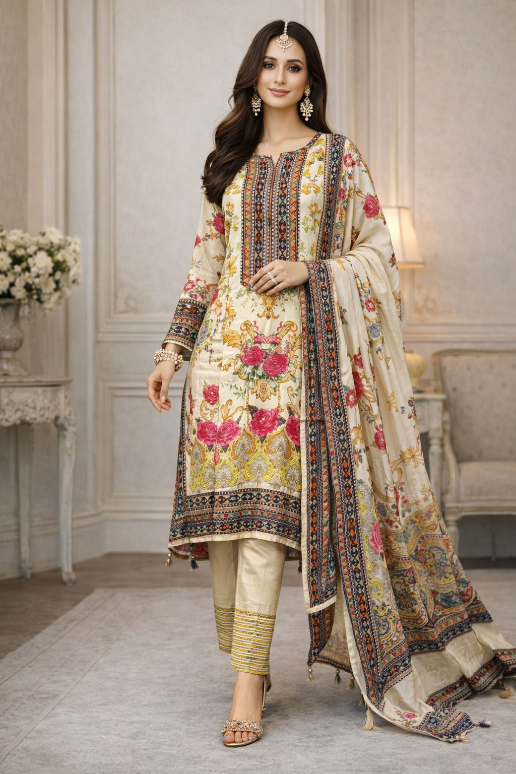 Pakistani Style Printed Suit with Elegant Muslin Dupatta Set