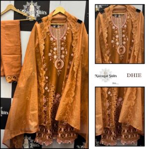 Elegant Mustard Brown Cutwork Burberry Fabric Stitched Suit