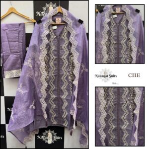 Elegant Dark Lavender Cutwork Stitched Suit Burberry Fabric