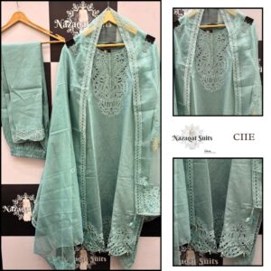Elegant Sea Green Cutwork Burberry Fabric Stitched Suit