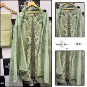 Elegant Pistachio Green Cutwork Burberry Fabric Stitched Suit