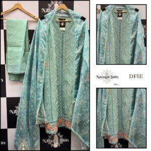 Elegant Aqua Green Cutwork Burberry Fabric Stitched Suit