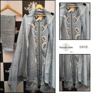 Elegant Steel Blue Cutwork Burberry Fabric Stitched Suit
