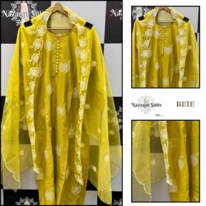 Elegant Mehndi Green Cotton Suit With Organza Dupatta