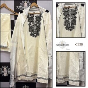 Elegant Black White Cotton Designer Pakistani Suit Set