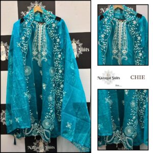Elegant Teal Blue Cutwork Burberry Fabric Stitched Suit