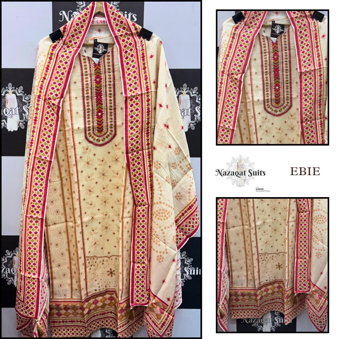 Elegant Beige Muslin Designer Pakistani Suit With Printed Dupatta