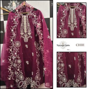 Elegant Wine Maroon Cutwork Burberry Fabric Stitched Suit
