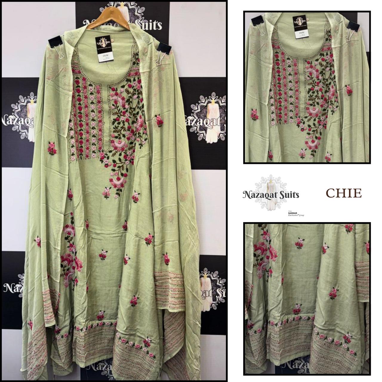 Pastel Green Georgette Suit with Elegant Phulkari Handwork
