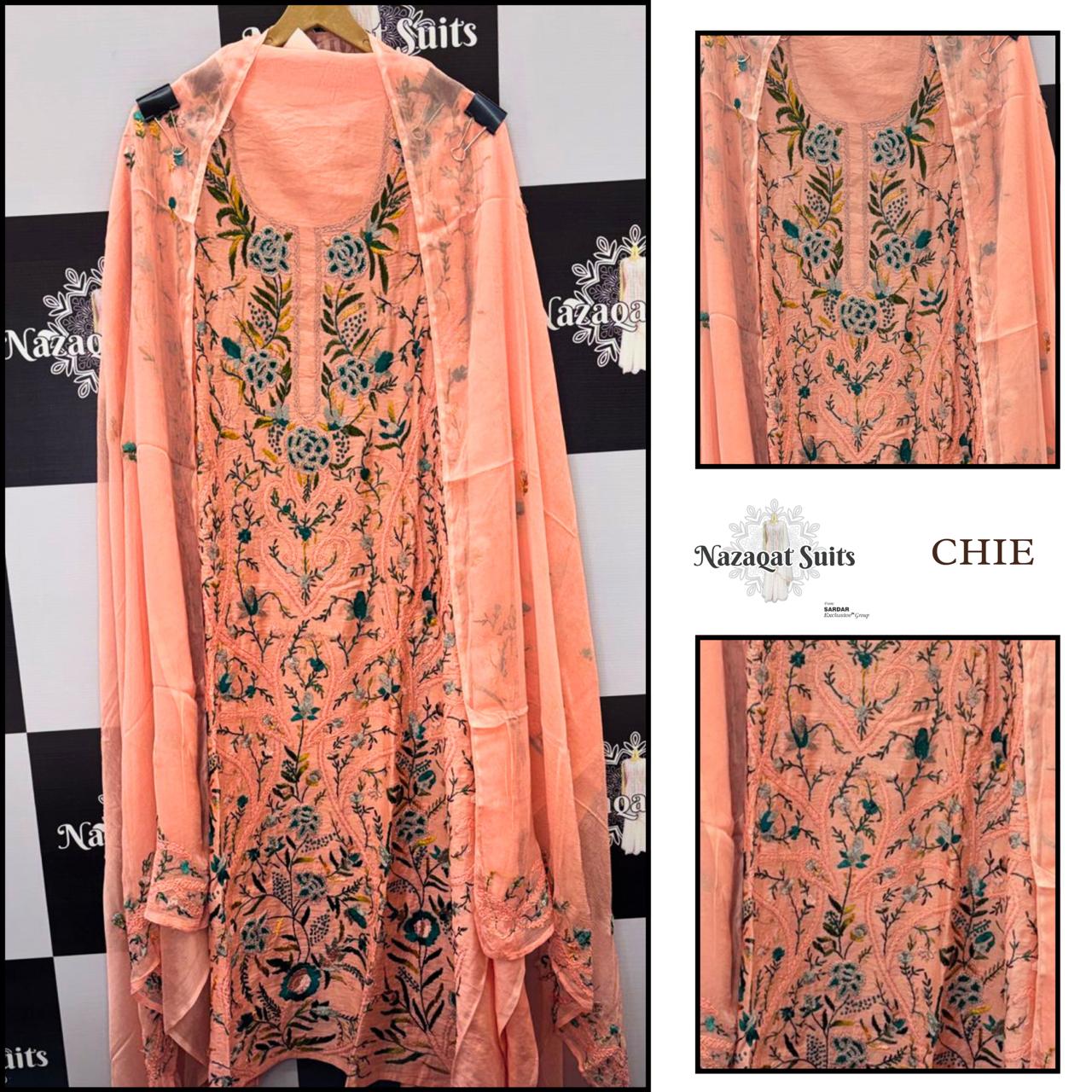 Peach Georgette Suit with Elegant Phulkari Hand Embroidery