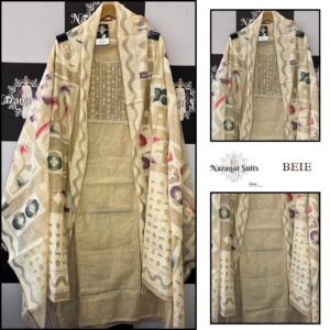 Beige Linen Suit with Printed Dupatta and Embroidered Neck