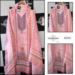 Pink Linen Suit with Printed Design and Linen Dupatta