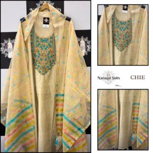 Beige Chandari Suit with Thread Work and Chandari Dupatta
