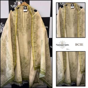 Beige Linen Suit with Print and Mirror Work Dupatta