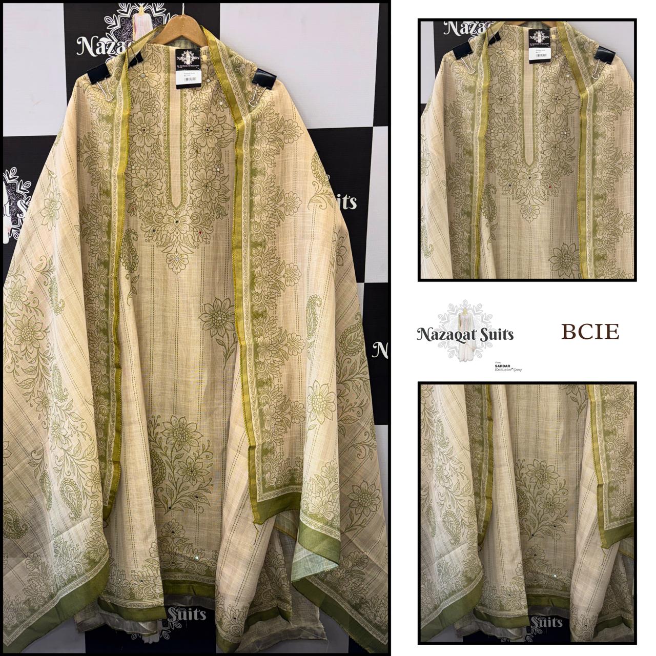 Beige Linen Suit with Print and Mirror Work Dupatta