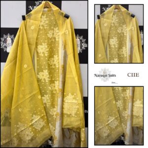 Yellow Chandari Suit with Woven Dupatta and Floral Design
