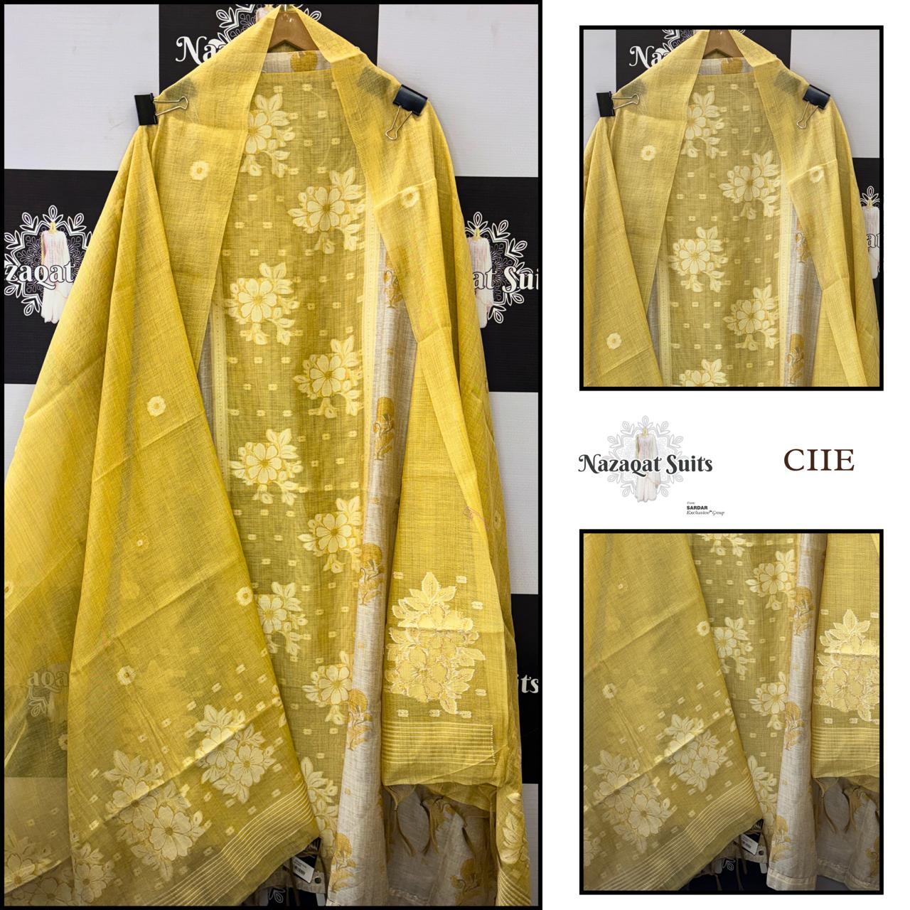 Yellow Chandari Suit with Woven Dupatta and Floral Design