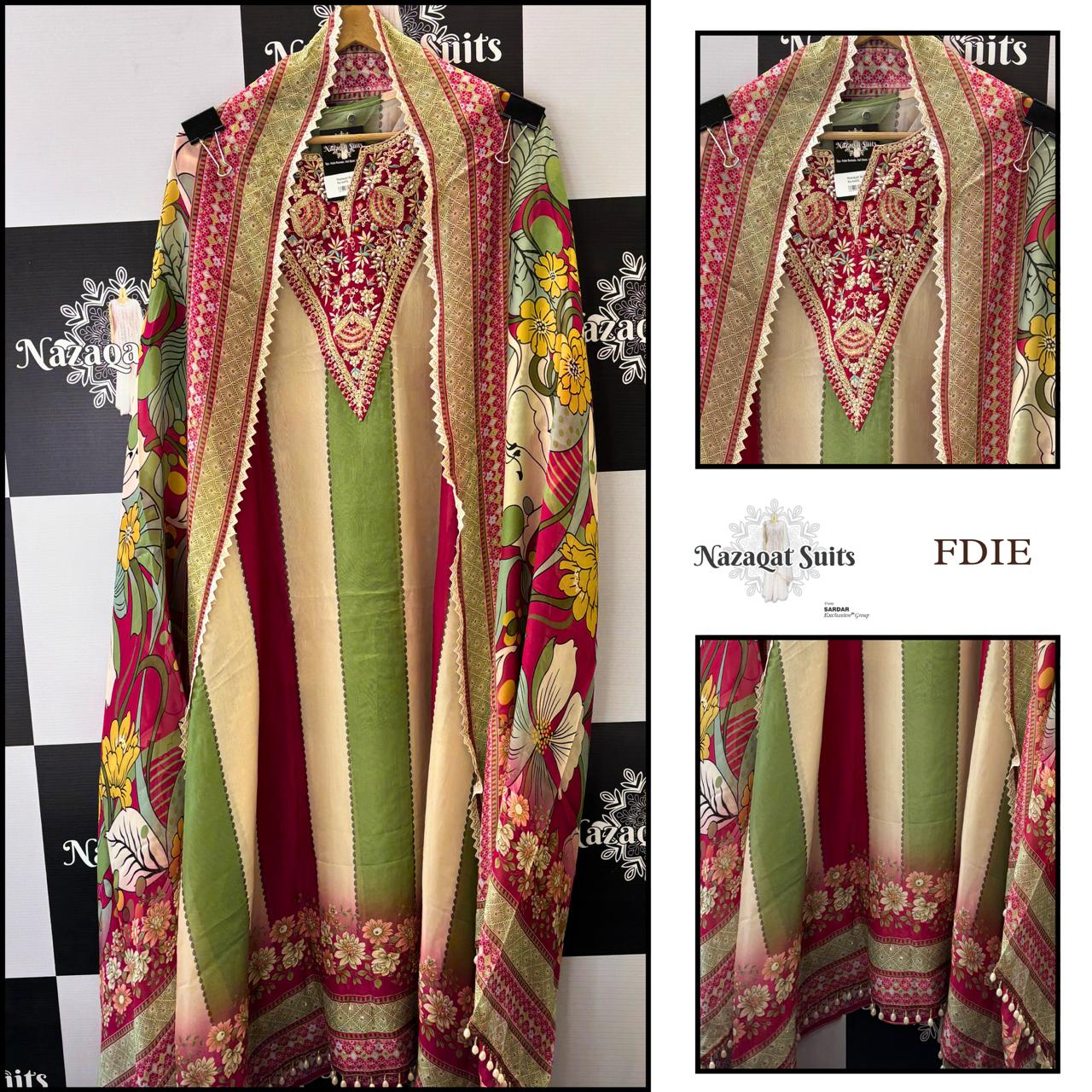 Multicolor Organza Suit with Patch Work and Organza Dupatta