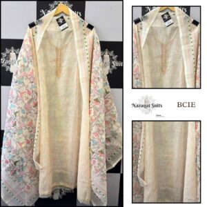 Linen Suit with Neck Handwork and Printed Dupatta Set