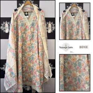 Floral Printed Linen Cotton Suit with Elegant V Neck