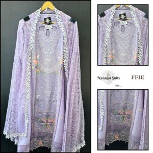 Designer Lawn Suit with Cotton Net Dupatta in Lavender