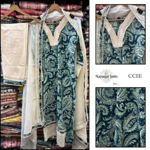 Elegant Lace Work Cotton Suit with Printed Paisley Design